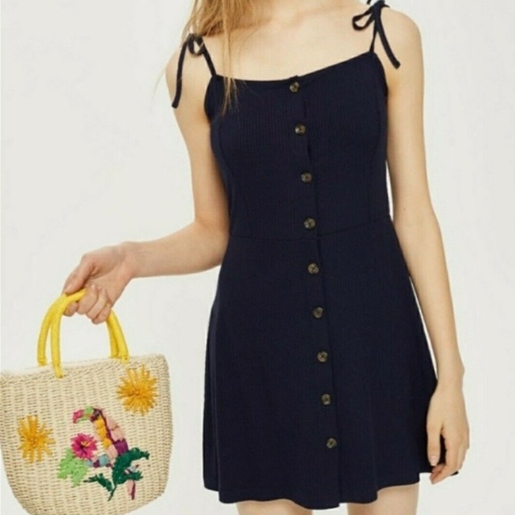 Topshop Navy Blue Button‎ Front Tie Straps Mini Dress Size 4 - Picture 1 of 11